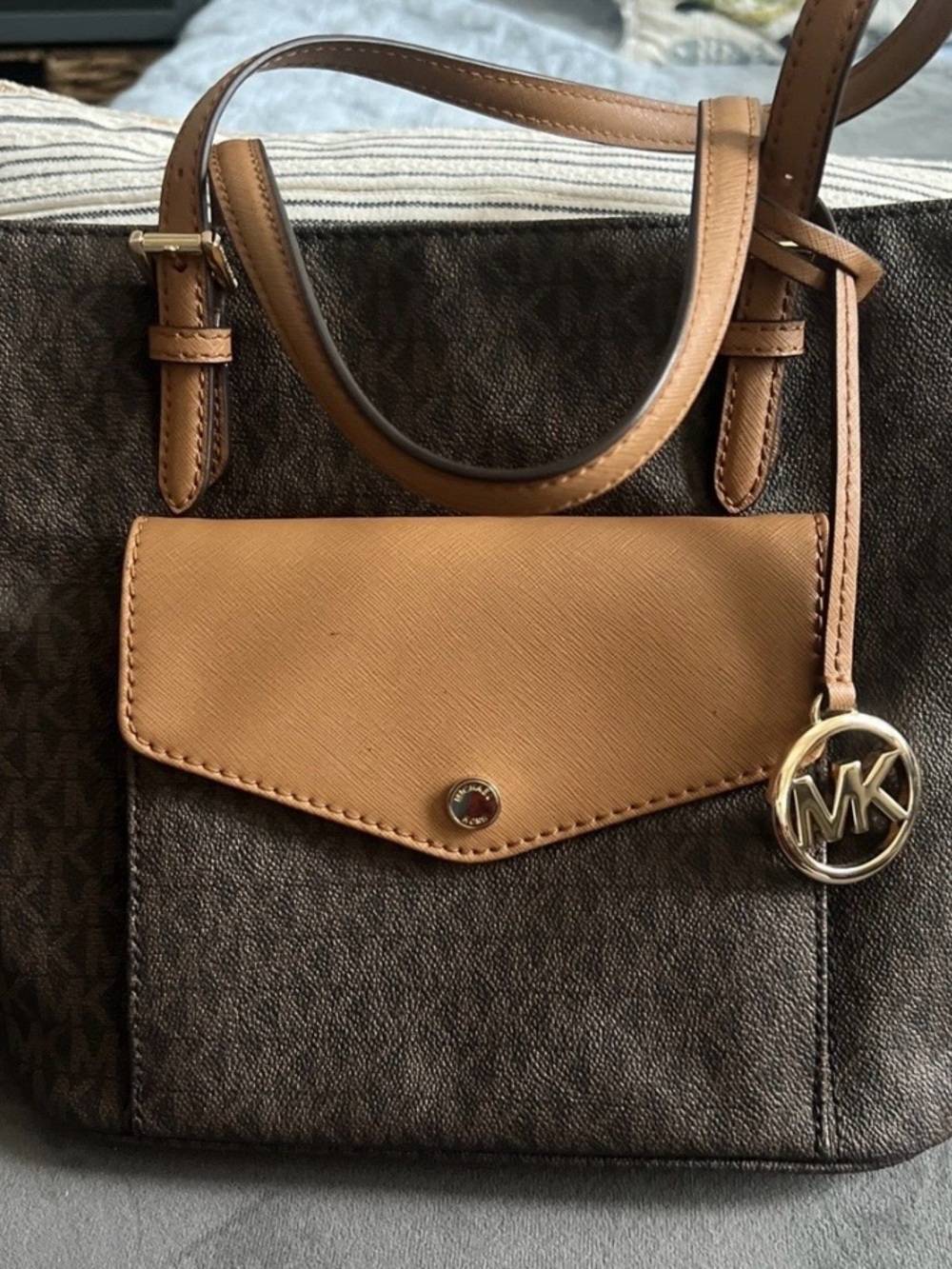 Michael Kors Brown Monogram Tote with Tan Trim